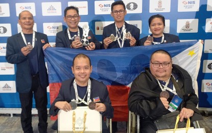 <p><strong>PODIUM FINISH</strong>. The members of the Philippine chess team pose with their medals at the end of the 1st FIDE Chess Olympiad for People with Disabilities at Crowne Plaza Hotel in Belgrade, Serbia on Saturday (Feb. 4, 2023). In photo are (back row, from left) coach Saul Severino, National Master James Infiesto, National Master Darry Bernardo and Cheyzer Mendozal and (front row, from left) FIDE Master Sander Severino and National Master Henry Roger Lopez. <em>(Contributed photo)</em></p>