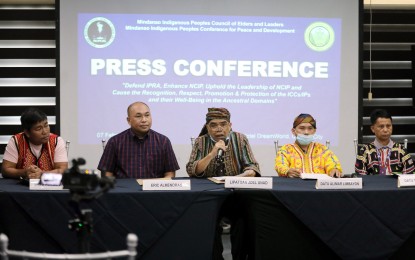 <p><strong>UNITY</strong>. Indigenous people leaders call for unity to uphold the National Commission on Indigenous Peoples (NCIP) leadership and to protect Republic Act 8371 or the Indigenous Peoples Reform Act (IPRA) during a press conference at the Hotel DreamWorld in Quezon City on Tuesday (Feb. 7, 2023). IPRA created the NCIP in 1997. <em>(PNA photo by Joey O. Razon)</em></p>