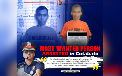 <p><strong>WANTED REBEL FALLS.</strong> Operatives of the Police Regional Office–Soccsksargen (PRO-12) arrest Roberto Candiban, the region’s most wanted person, in an operation in Magpet town, North Cotabato province on Monday (Feb. 6, 2023). Brig. Gen. Jimili Macaraeg, PRO-12 director, said the suspect, a communist rebel, has pending arrest warrants for murder, frustrated murder and attempted murder.<em> (Photo courtesy of PRO-12)</em></p>