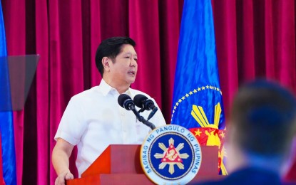 <p><strong>NO FORMAL TALKS YET</strong>. President Ferdinand R. Marcos Jr. delivers a speech before flying to Japan to embark on a five-day official visit on Wednesday (Feb. 8, 2023). Marcos told the media on board a flight to Japan that the Philippines and Japan have not yet begun formal talks on a possible signing of a visiting forces agreement. <em>(Photo courtesy of Bongbong Facebook page)</em></p>