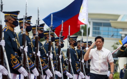 <p><strong>WORKING VISIT.</strong> President Ferdinand R. Marcos Jr. receives departure honor at the Villamor Air Base in Pasay City as he leaves for a five-day visit to Japan on Wednesday (Feb. 8, 2023). Marcos will meet with Japanese Emperor Naruhito and Empress Masako as well as other top officials, forge closer bilateral ties and lure more investments during his five-day working visit to Japan.<em> (PNA photo Rey S. Baniquet)</em></p>