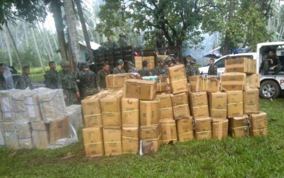 <p><strong>SMUGGLED CIGARETTES.</strong> A team of police and Marine troopers seize PHP1.6 million worth of smuggled cigarettes in Barangay Tambara, Malabang, Lanao del Sur on Thursday (Feb. 9, 2023). No suspects were arrested as they fled upon sensing the arrival of the authorities, according to the police. <em>(Photo courtesy of Area Police Command-Western Mindanao)</em></p>