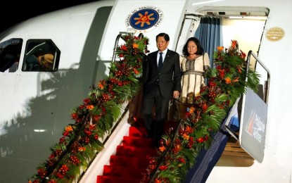 <p><strong>FRUITFUL VISIT. </strong>President Ferdinand R. Marcos Jr. and First Lady Louise Araneta-Marcos arrive at the Villamor Air Base in Pasay City on Sunday (Feb. 12, 2023) after a five-day official visit to Tokyo, Japan. The President brought home USD13 billion worth of investment pledges that will help boost the economy and generate around 24,000 jobs for Filipinos. <em>(PNA photo by Alfred Frias)</em></p>