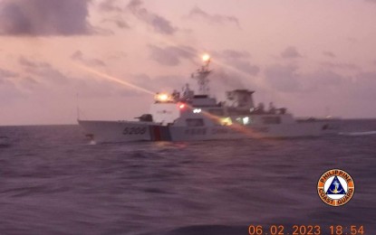 <p>A photo of the China Coast Guard vessel with bow number 5205 taken by a crew member of BRP Malapascua on Feb. 6, 2023.<em> (Courtesy of PCG)</em></p>