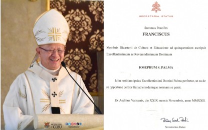 <p><strong>DICASTERY MEMBER.</strong> Cebu Archbishop Jose S. Palma is shown in this undated photo delivering a sermon at one of the Archdiocese of Cebu's celebrations. Right photo shows the Vatican document announcing Palma's appointment as a member of the Dicastery for Culture and Education, a body in the Roman Curia that is in charge of supporting bishops and episcopal conferences in promoting Catholic identity in schools and institutes of higher education in the world. <em>(Photos courtesy of the Roman Catholic Archdiocese of Cebu)</em></p>