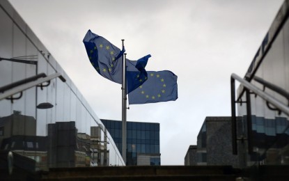 <p>EU flags are seen outside the European Commission in Brussels, Belgium, Jan. 6, 2023.<em> (Xinhua/Zheng Huansong)</em></p>