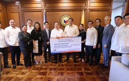 <p><strong>MORE AID FOR TÜRKIYE</strong>. Speaker Ferdinand Martin G. Romualdez (7th from right) turns over a PHP10-million check to Philippine Red Cross Chairperson Richard Gordon (8th from right) on Tuesday (Feb. 14, 2023) as additional humanitarian assistance of the House of Representatives for earthquake victims in Türkiye. The amount was raised from the voluntary contributions of lawmakers. <em>(Photo courtesy of Office of the Speaker)</em></p>