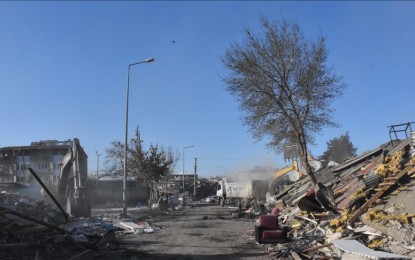 <p><strong>DEVASTATION</strong> A view of collapsed buildings as demolishing works continue in Elbistan district after the powerful twin earthquakes hit Turkiye's Kahramanmaras on February 14, 2023. <em>(Anadolu)</em></p>