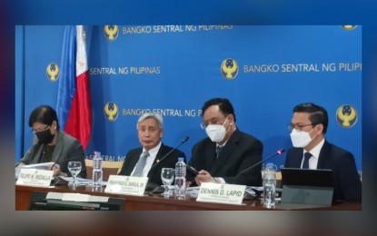 <p><strong>KEY RATES HIKE</strong>. Bangko Sentral ng Pilipinas (BSP) Governor Felipe Medalla (2nd from left) discusses the decision of the policy-making Monetary Board (MB) to hike the central bank's key rates by 50 basis points on Thursday (Feb. 16, 2023). The rate hike was attributed to the higher-than-expected inflation rate last January at 8.7 percent and the continued  recovery of the domestic economy.<em> (PNA photo by Joann S. Villanueva)</em></p>