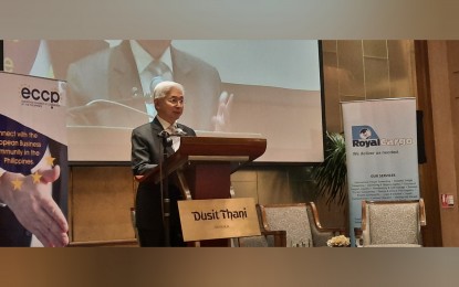 <p><strong>LURING INVESTORS</strong>. Trade Secretary Alfredo Pascual delivers his keynote speech during the luncheon meeting of the European Chamber of Commerce of the Philippines at Dusit Thani Hotel, Makati City on Thursday (Feb. 16, 2023). Pasucal invites European businesses to invest in the country's defense sector. <em>(PNA photo by Kris Crismundo)</em></p>