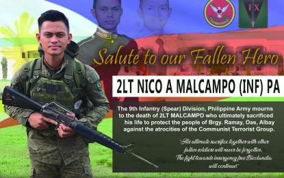 <p><strong>FALLEN HERO</strong>. A soldier identified as 2Lt. Nico Malcampo died while three other soldiers were injured in an anti-personnel mine explosion in Oas town, Albay province on Wednesday (Feb. 15, 2023). After the blast, a 30-minute firefight ensued between the troops and the rebels, resulting in the killing of an insurgent and the recovery of high-powered firearms. <em>(Photo courtesy of 9ID)</em></p>