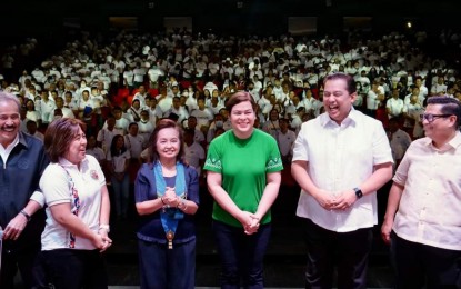 <p><strong>SERVICE AMID DIVERSITY.</strong> Vice President Sara Duterte joins local legislators, officials and members of the Lakas-Christian Muslim Democrats (CMD) political party during its mass oath-taking in Tagum City on Friday (Feb. 17, 2023).  She urged local leaders, as well as their political party members, to unite for service amid the diversity of culture and ideologies to pursue genuine service to Filipino families. <em>(Photo courtesy of the Office of the Vice President)</em></p>