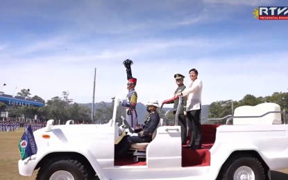 <p><strong>PROTECTING PH TERRITORY</strong>. President Ferdinand R. Marcos Jr. attends the 2023 Philippine Military Alumni Homecoming in Fort del Pilar, Baguio City on Saturday (Feb. 18, 2023). In his speech, he vowed that the Philippines would not give up even an inch of its territory to any foreign power. <em>(Screenshot from Radio Television Malacañang)</em></p>