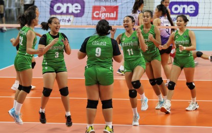 <p><strong>UNBEATEN.</strong> Maryhill College of Lucena City (Quezon) players celebrate after beating New Gen Volleyball Club of Santa Cruz (Laguna), 25-8, 25-10, in the Philippine National Volleyball Federation Under-18 Championships at the Rizal Memorial Coliseum in Malate, Manila on Sunday (Feb. 19, 2023). Maryhill opened its bid the day before by beating another Laguna team, Junction Youth Organization of Los Baños, 25-14, 25-20. <em>(Contributed photo)</em></p>