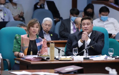 <p><strong>CONCURRED.</strong> Senate President Juan Miguel Zubiri (left) and Senate Pro Tempore Loren Legarda successfully defend Senate Resolution 485 concurring in the ratification of the Regional Comprehensive Economic Partnership Agreement on Tuesday (Feb. 21, 2023). Twenty of the 24 senators voted to ratify RCEP while one abstained, one voted against RCEP and two were not present. <em>(Photo courtesy of Senate PRIB)</em></p>