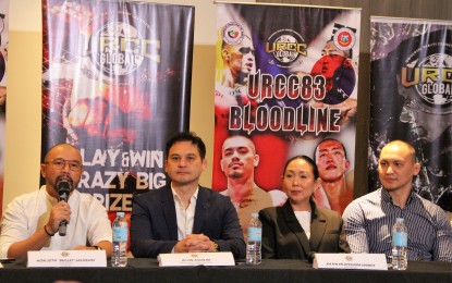 <p><strong>BLOODLINE</strong>: Dapitan City Mayor Seth Frederick "Bullet" Jalosjos (left) speaks during the launching of the "URCC 83: Bloodline" mixed martial arts event at the Arbor Lanes in ARCA South, Taguig City on Feb. 20, 2023. With him are Universal Reality Combat Championship (URCC) founder and president Alvin Aguilar, Jalosjos’s chief of staff, Kathlyn Uyera Hamoy; and URCC chief financial officer Alex Safranov. <em>(PNA photo by Jesus Escaros)</em></p>