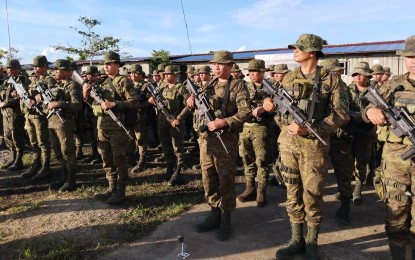 <p><strong>ADDITIONAL TROOPS</strong>. The newly-deployed soldiers in Northern Samar province during a welcome ceremony in Palo town, Leyte province on Feb. 20, 2023. The soldiers are tasked to help suppress the New People’s Army in Northern Samar, considered the last bastion of insurgency in the country. <em>(PNA photo by Sarwell Meniano)</em></p>