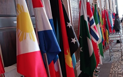 <p class="p1"><span class="s1"><strong>ACTIVE PARTNERS. </strong>Some of the flags of participating nations, including the Philippines' (left), at the Global Summit for Women at St. Regis Saadiyat Island Resort in Abu Dhabi, United Arab Emirates on Wednesday (Feb. 22, 2023). Speakers shared stories on gender inequality, domestic abuse and political disadvantages and offered solutions. <em>(PNA photo by RSAustria)</em></span></p>