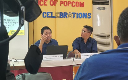 <p><strong>POPULATION UPDATES.</strong> Commission on Population and Development-Northern Mindanao (PopCom-10) Assistant Director Richmond Charles Gajudo (left), and Technical Section Head Jeremias Cabasan present updates on the region's population situation during a media forum in Cagayan de Oro City on Wednesday (Feb. 22, 2023). PopCom records show that the region registered its lowest birth rates in three decades during the height of the Covid-19 pandemic.<em> (PNA photo by Nef Luczon)</em></p>