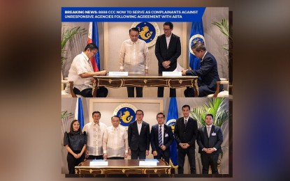 <p><strong>PROMPT GOV’T SERVICES</strong>. Anti-Red Tape Authority (ARTA) Director General Secretary Ernesto Perez (seated right) and Strategic Action and Response Office Undersecretary Rogelio Peig II of the Office of the President (seated left) sign a memorandum of agreement at Malacañan Palace's Premier Guest House on Wednesday (Feb. 22, 2023). The MOA aims to set up a mechanism mandating government offices to ensure prompt and efficient delivery of public services. <em>(Photo courtesy of ARTA)</em></p>
