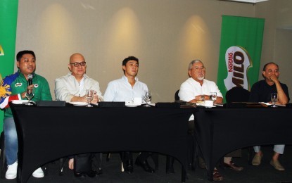 <p><strong>ATHLETICS CHAMPIONSHIPS.</strong> MILO Assistant Vice President Carlo Sampan (left) speaks during the media launch of the Philippine Athletics Championships at the Diamond Hotel in Manila on Wednesday (Feb. 22, 2023). Also in the photo are (from left) Philippine Athletics Track and Field Association (PATAFA) executive assistant Reli de Leon; PATAFA assistant for business development Anton Capistrano; Cel Logistics Inc. executive vice president and CEO Fernando Juan Perez; and PATAFA training director Nonoy Unso. <em>(PNA photo by Jess M. Escaros Jr.)</em></p>