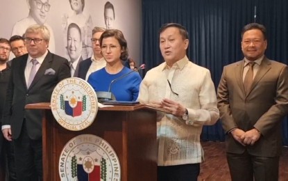 <p><strong>FRUITFUL DISCUSSION</strong>. European Union Parliament Subcommittee on Human Rights Vice Chairperson Hannah Neumann (in blue), with her co-delegates, join Senators Francis Tolentino (in barong), and JV Ejercito (right) in answering queries from Senate reporters after a closed-door dialogue regarding human rights and other issues on Wednesday (Feb. 22, 2023). Neumann said they were very relieved to hear from the senators that the country is now working to focus more towards the rehabilitation and prevention of human rights violations. <em>(PNA photo by Wilnard Bacelonia) </em></p>