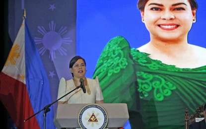 <p><strong>UPHOLD PROFESSIONALISM</strong>. Vice President and Education Secretary Sara Duterte urges local leaders to uphold professionalism during her speech in the general assembly of the League of Municipalities of the Philippines on Tuesday (Feb. 21, 2023). She also warned politicians to not meddle with the hiring system of public school teachers. <em>(Photo courtesy of the Office of the Vice President)</em></p>