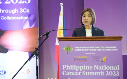 <p><strong>'CANCER-FREE PHILIPPINES’</strong>. Budget Secretary Amenah Pangandaman delivers a speech during the fourth Philippine National Cancer Summit at the Crowne Plaza Manila Galleria on Thursday (Feb. 23, 2023). Pangandaman shared her aspiration for the Philippines to become a "cancer-free" country. <em>(Photo courtesy of the Department of Budget and Management)</em></p>