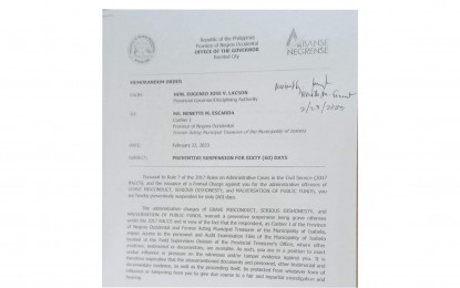 <p><strong>SUSPENSION ORDER</strong>. A portion of the 60-day preventive suspension order issued by Negros Occidental Governor Eugenio Jose Lacson to the former acting treasurer of the Municipality of Isabela dated Feb. 22, 2023. The respondent, Nenette Escarda, a Cashier I at the Provincial Treasurer’s Office, has been formally charged with administrative offenses over the loss of PHP6.4 million in local funds last month.<em> (Image courtesy of Negros Occidental provincial government)</em></p>