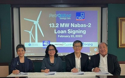 <p><strong>FINANCING DEAL</strong>. PetroWind Energy, Inc. (PWEI) president Milagros Reyes (from left to right), Department Bank of the Philippines (DBP)-Corporate Banking Group senior vice president Ma. Lourdes Gumba, BCPG managing director Niwat Adirek, and EEI Power president and chief executive officer Roberto Jose Castillo during the PHP1.8-billion term loan agreement on Feb. 22, 2023. DBP will finance PWEI's 13.2-megawatt Nabas-2 wind power project in Aklan province. <em>(Photo courtesy of PetroEnergy Resources Corp.)</em></p>