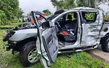 <p><strong>HEAD-ON COLLISION</strong>. One of the vehicles involved in road accident in Julita, Leyte. The crash killed two, including a police officer and seriously wounded four others on Monday. <em>(Photo courtesy of Julita police station)</em></p>