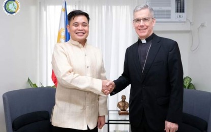 <p class="p3"><strong>CLIMATE COOPERATION.</strong> Climate Change Commission (CCC) vice chairperson and executive director Robert Borje (left) meets with Papal Nuncio to the Philippines Archbishop Charles Brown in this undated photo. The CCC on Tuesday (Feb. 28, 2023) said the CCC and Apostolic Nuncio to the Philippines are eyeing partnership to intensify the fight against climate change. <em>(Photo courtesy of CCC)</em></p>