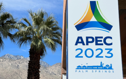 <p>A banner shows the APEC 2023 logo in Palm Springs, California, the United States.<em> (ANTARA/HO-APEC Secretariat)</em></p>