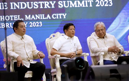<p><strong>MAJOR PLANS.</strong> President Ferdinand R. Marcos Jr. (center) graces the Philippine Maritime Industry Summit, with House Speaker Martin Romualdez (left) and Transportation Secretary Jaime Bautista, at The Manila Hotel on Feb. 28, 2023. He said the government will harness the knowledge and make use of the experience of Filipino seafarers to build an even stronger maritime industry. <em>(PNA photo by Alfred Frias)</em></p>