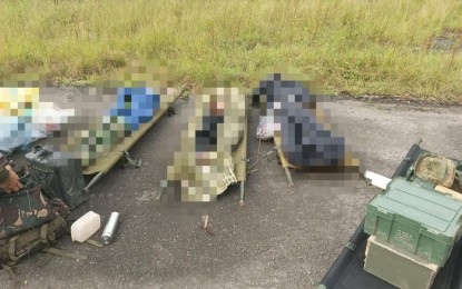 <p><strong>CASUALTIES</strong>. The bodies of the four New People's Army rebels who died in a clash with troops from the Philippine Army's 94th Infantry Battalion in Barangay Carabalan, Himamaylan City, Negros Occidental on Wednesday (March 1, 2023). The soldiers also recovered high-powered firearms during the clearing operation. <em>(Photo courtesy of 3rd Infantry Division, Philippine Army)</em></p>