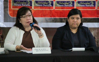 <p><strong>EXPORTS GROWTH.</strong> Department of Agriculture Development Management Officer V Tisha Dela Rosa (left) and Assistant Director Bianca Pearl Sykimte of the Export Marketing Bureau talk about the promising export industry during the Saturday News Forum (March 4, 2023) at Dapo Restaurant and Bar in Quezon City. Dela Rosa assured participating countries under the Regional Comprehensive Economic Partnership will benefit from multilateral trade deals while Sykimte said they conduct massive information drive to share emerging trends with exporters. <em>(PNA photo by Robert Oswald P. Alfiler)</em></p>