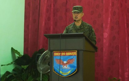 <p><strong>NEW COMMANDER</strong>. Col. Marion Angcao, new brigade commander of the 1003rd Infantry Brigade, delivers a speech during the Change of Command ceremony at Camp Don Mariano Marcos in Barangay Malagos, Davao City on Saturday (March 4, 2023). Angcao replaced Brig. Gen. Consolito Yecla.<em> (Courtesy of 10ID)</em></p>