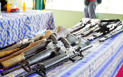 <p><strong>ASG SURRENDERS.</strong> At least 23 Abu Sayyaf Group (ASG) bandits surrender to government authorities in Indanan, Sulu, on Saturday (March 4, 2023). They turned over 10 high-powered firearms consisting of two M16 and eight Garand rifles. <em>(Photo courtesy of Area Police Command-Western Mindanao)</em></p>