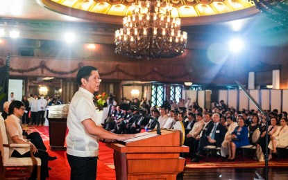 <p><strong>CRIME HOTSPOTS</strong>. President Ferdinand R. Marcos Jr. delivers a speech after witnessing the ceremonial signing of the Kapatid Angat Lahat for Agriculture Program (KALAP) at the Ceremonial Hall of Malacañang Palace on Monday (March 6, 2023). Marcos told reporters that he has directed the Philippine National Police (PNP) to identify crime hotspots in the country following the killing of Negros Oriental Governor Roel Degamo on March 4. <em>(Photo courtesy of the Presidential Communications Office)</em></p>