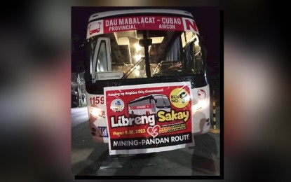 <p><strong>LIBRENG SAKAY.</strong> A bus offering free rides to the public deployed by the city government of Angeles in Pampanga province amid the transport strike on Monday (March 6, 2023). The free rides from 5 a.m. to midnight are provided by 10 Philippine Rabbit buses covering five routes within the province. <em>(Photo courtesy of Angeles City Government)</em></p>