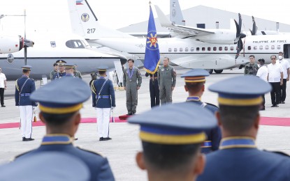 <p><strong>NEW AIRCRAFT</strong>. President Ferdinand R. Marcos Jr. witnesses the acceptance, turnover and blessing of the C-295 Medium Lift Aircraft acquired by the Philippine Air Force (PAF) in a ceremony at the Clark Air Base in Pampanga on Tuesday (March 7, 2023). In his speech, Marcos said the aircraft is expected to boost the country’s defense capabilities. <em>(PNA photo by Alfred Frias)</em></p>