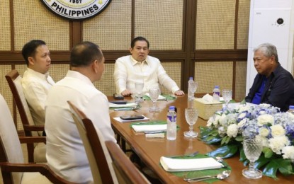 <p><strong>AIRPORT SECURITY</strong>. Speaker Ferdinand Martin Romualdez (center) meets with Transportation Secretary Jaime Bautista (right) and Office of Transportation Security officials at the Speaker's Office on Monday (March 7, 2023). They agreed on the implementation of various measures to stop corrupt practices of airport screening personnel in all airports of the country. Romualdez was accompanied by House Committee on Appropriations chair and Ako Bicol Party List Representative Zaldy Co (left). <em>(Photo courtesy of Office of Speaker Romualdez)</em></p>
