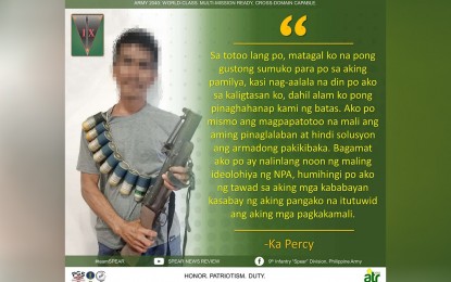 <p><strong>NEW LIFE</strong>. A New People's Army member identified as "Percy" surrendered to police and military authorities in Camarines Sur province on March 6, 2023. He turned over a high-powered firearm and nine rounds of ammunition, saying he wanted to start a new life with his family.<em> (Infographic from 9ID's Facebook page)</em></p>