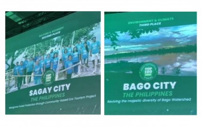 <p><strong>WINNERS</strong>. The cities of Sagay and Bago in Negros Occidental being recognized for their sustainable tourism development initiatives during the Green Destinations Story Awards at the Internationale Tourismus-Börse in Berlin, Germany Tuesday night (March 7, 2023). Sagay placed second in the Nature and Scenery Category and also received the People’s Choice Award while Bago took the third spot in the Environment and Climate Category. <em>(Photos courtesy of Tourism Promotions Board)</em></p>