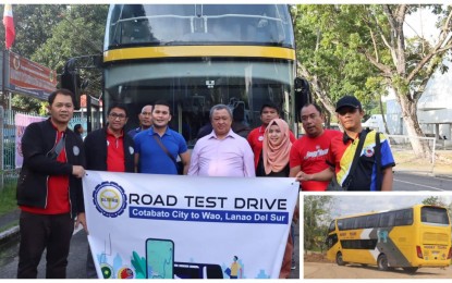 <p><strong>NEW BUS ROUTE</strong>. Minister Paisalin Tago (center), of the Ministry of Transportation and Communications in the Bangsamoro Autonomous Region in Muslim Mindanao (MOTC-BARMM), and other MOTC officials pose for a photo before the Husky Bus Line road test drive for its brand-new double-decker bus that will serve the Cotabato City-Wao, Lanao del Sur route. The new route cuts the travel time from Cotabato City to Wao town to under three hours. <em>(Photo courtesy of MOTC-BARMM/LTFRB)</em></p>