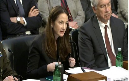 <p>Avril Haines, director of national intelligence (L), is seen speaking during a Senate intelligence committee hearing in Washington on March 8, 2023 on the release of the 2023 Annual Threat Assessment report in this captured image.<em> (Yonhap)</em></p>