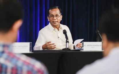 <p><strong>BUILD BETTER MORE.</strong> National Economic and Development Authority (NEDA) Secretary Arsenio Balisacan holds a Palace briefing following a meeting with President Ferdinand R. Marcos Jr. at Malacañan Palace on Thursday (March 9, 2023). Balisacan said Marcos approved the 194 high-impact infrastructure flagship projects (IFPs) worth PHP9 trillion. <em>(Photo courtesy of the Presidential Communications Office)</em></p>