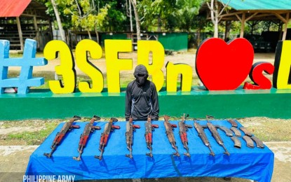 <p><strong>NO MORE HIDING.</strong> New People’s Army (NPA) leader Patrick Tejeros Wagdos surrenders with firearms to the 3rd Special Forces Battalion in Lianga, Surigao del Sur on Thursday (March 9, 2023). He belonged to the Sandatahang Yunit Pampropaganda – Interyor/Grupong Staff of the Headquarters Force, Sub-Regional Committee Southland, North Eastern Mindanao Regional Committee of the NPA. <em>(Photo courtesy of 3SFBn)</em></p>