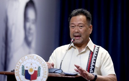 <p><strong>CLEANSE PNP-7</strong>. Senator JV Ejercito tells Senate reporters on Monday (March 13, 2023) that he is recommending to relieve the entire PNP force in Central Visayas while the investigation on the Degamo slay and hot pursuit against the other suspects are still ongoing. <em>(PNA photo by Avito Dalan)</em> </p>