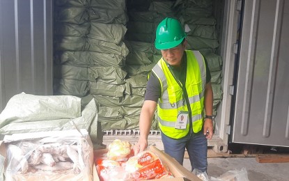 <p><strong>MISDECLARED PRODUCTS</strong>. Agriculture Assistant Secretary James Layug inspects misdeclared products at the Port of Subic on Thursday (March 12, 2023). The PHP40 million worth of misdeclared shipment was reportedly lacking required documents, including the phytosanitary import clearance. <em>(Photo courtesy of DA)</em></p>
